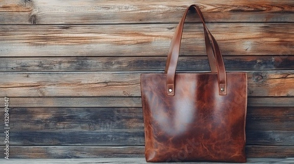 Fototapeta Elegant brown leather tote bag placed on rustic wooden background, showcasing timeless style and craftsmanship.