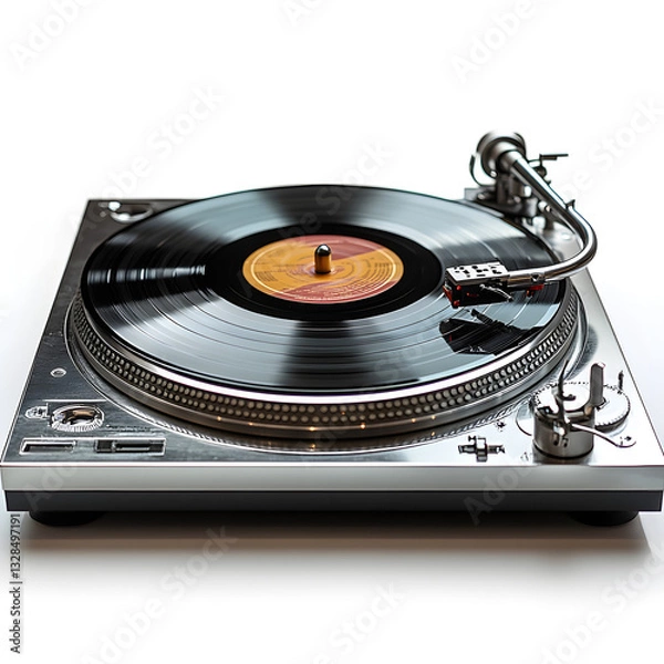 Fototapeta  A silver record player with a black vinyl record loaded on it. The player has a sleek design and is equipped with various wires and cables.