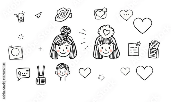 Fototapeta Cute doodles of two smiling girls with hearts, notes, and various icons, conveying playful and creative vibe. Perfect for social media or design projects
