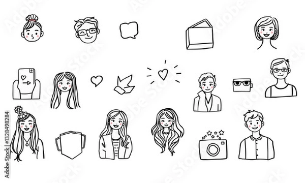 Fototapeta collection of doodle style illustrations featuring diverse characters, speech bubbles, and symbols of love and creativity, perfect for social media and influencer content