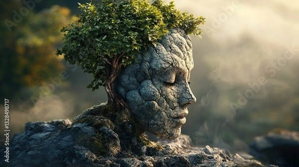 Fototapeta Surreal head with a tree growing from it, symbolizing thought, nature, and creativity