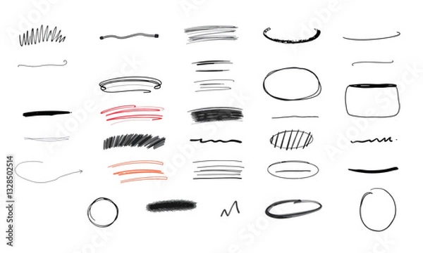 Fototapeta collection of hand drawn brush strokes and lines in various styles and colors, showcasing creativity and artistic expression. Perfect for design projects and illustrations