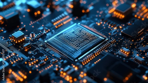 Fototapeta close up on a microchip and electronic circuit board.