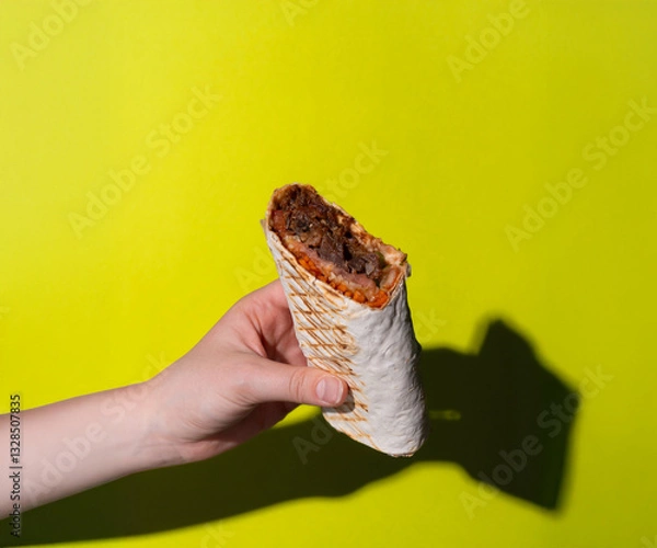 Obraz A horizontal photo of a hand holding a stuffed shawarma with grilled meat, crunchy vegetables, and tangy sauce, set against a vibrant green background. Ideal for marketing or commercial purposes.