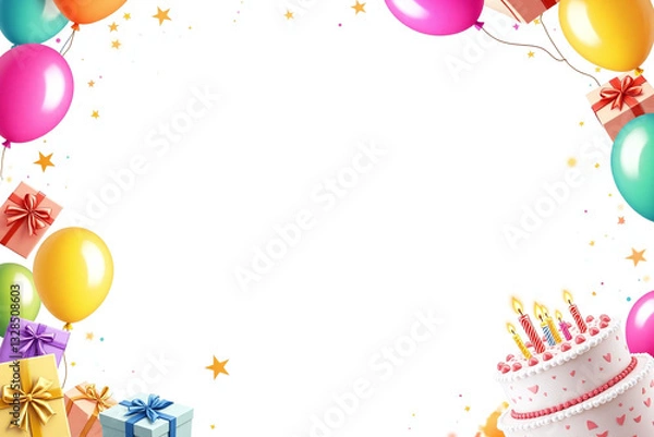 Fototapeta birthday card with balloons and presents on a table