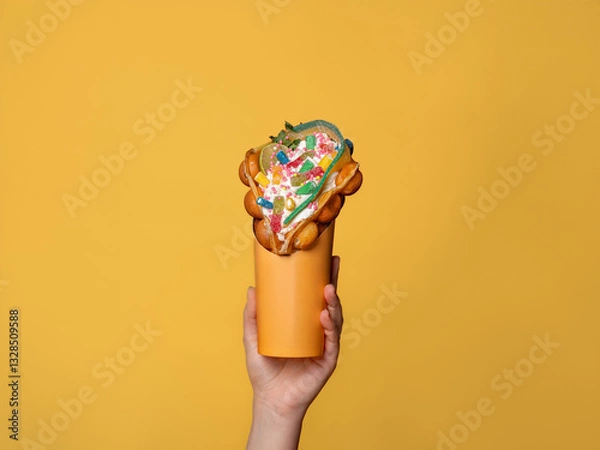Obraz Hong Kong sweet waffle in the model's hand. Waffle with buttercream, marmalade on a yellow background