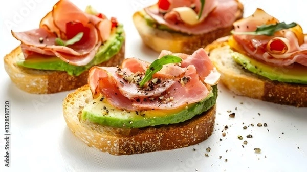 Fototapeta Turkey ham bruschetta on sliced avocado