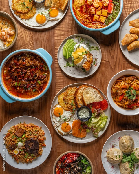 Obraz Vibrant Spread of International Dishes on a Rustic Wooden Table, Showcasing a Variety of Flavors and Textures