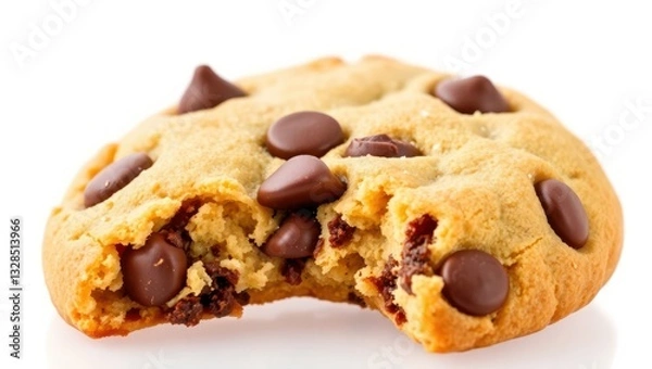 Fototapeta A close-up of a freshly baked chocolate chip cookie with a bite taken out of it, golden brown and crispy on the edges, with gooey melted chocolate chips. The cookie is isolated on a transparent backgr