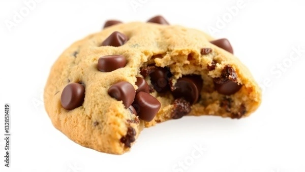 Fototapeta A close-up of a freshly baked chocolate chip cookie with a bite taken out of it, golden brown and crispy on the edges, with gooey melted chocolate chips. The cookie is isolated on a transparent backgr