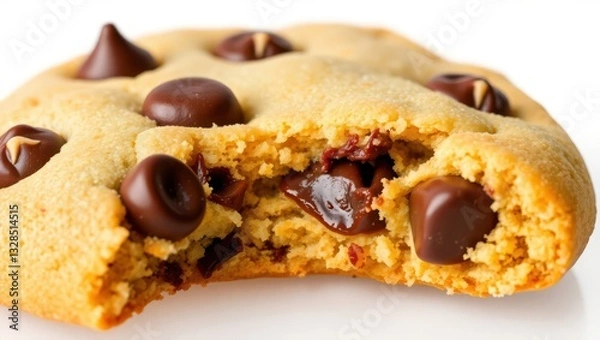 Fototapeta A close-up of a freshly baked chocolate chip cookie with a bite taken out of it, golden brown and crispy on the edges, with gooey melted chocolate chips. The cookie is isolated on a transparent backgr