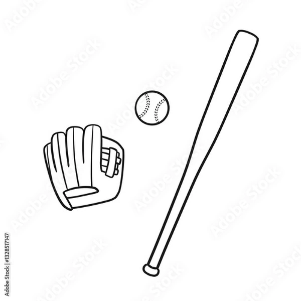 Fototapeta 野球のバット・ボール・グラブのイラスト（線画）