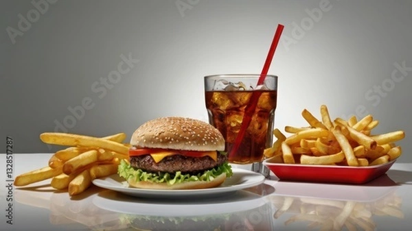 Fototapeta A cheeseburger with a sesame seed bun, fresh lettuce, tomato, cheddar cheese, and a juicy beef patty, served with crispy golden French fries and a cold cola with a red straw. The meal is presented on 
