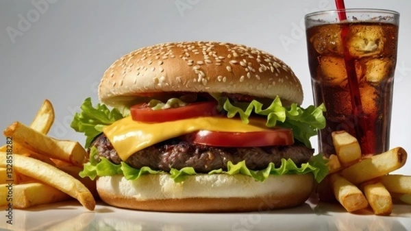 Fototapeta A cheeseburger with a sesame seed bun, fresh lettuce, tomato, cheddar cheese, and a juicy beef patty, served with crispy golden French fries and a cold cola with a red straw. The meal is presented on 