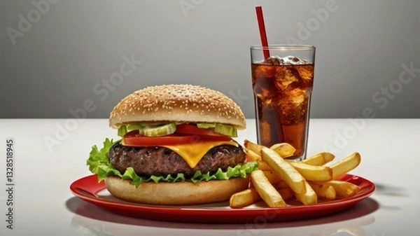 Fototapeta A cheeseburger with a sesame seed bun, fresh lettuce, tomato, cheddar cheese, and a juicy beef patty, served with crispy golden French fries and a cold cola with a red straw. The meal is presented on 
