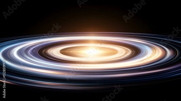 Fototapeta The image contains a swirling, concentric circle design with a bright, golden center against a black background.