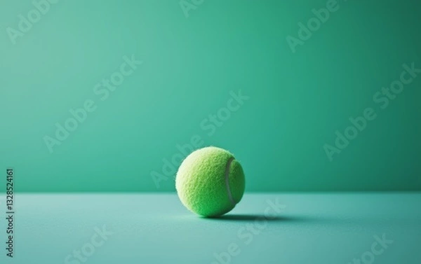 Fototapeta Vibrant green tennis ball resting on a smooth turquoise surface in a minimalist setting
