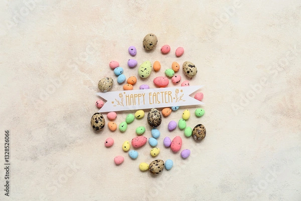 Fototapeta Greeting card with Easter eggs on white background