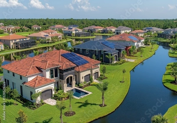 Obraz Aerial View of Modern Homes with Solar Panels by a Tranquil Lake Surrounded by Lush Greenery and Vibrant Blue Sky in a Residential Community