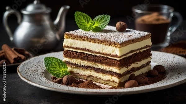 Fototapeta A plate of classic Italian tiramisu, layered with mascarpone cheese and coffee-soaked ladyfingers, dusted with cocoa powder. A fresh mint leaf on top adds a refreshing touch. The plate is surrounded b