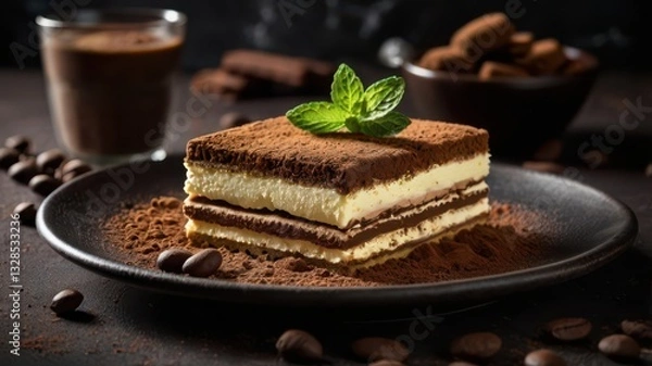 Fototapeta A plate of classic Italian tiramisu, layered with mascarpone cheese and coffee-soaked ladyfingers, dusted with cocoa powder. A fresh mint leaf on top adds a refreshing touch. The plate is surrounded b