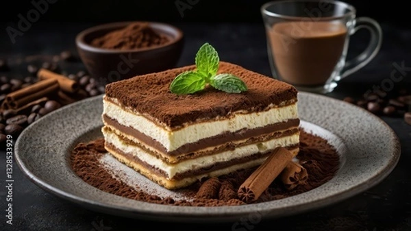 Fototapeta A plate of classic Italian tiramisu, layered with mascarpone cheese and coffee-soaked ladyfingers, dusted with cocoa powder. A fresh mint leaf on top adds a refreshing touch. The plate is surrounded b