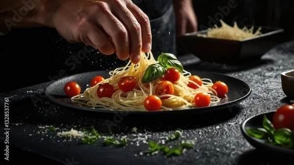 Fototapeta A professional chef elegantly plating spaghetti with cherry tomatoes, fresh basil, and Parmesan cheese. The chef’s hands are in motion, sprinkling Parmesan onto the dish, creating a dynamic effect. Th
