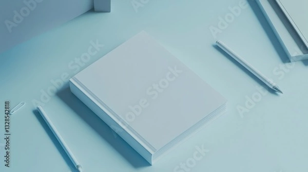Fototapeta Blank Notebook on Light Blue Background with Pens and Clips