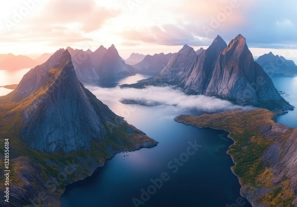 Fototapeta Breathtaking Aerial View of Majestic Mountains Surrounded by Tranquil Waters and Soft Morning Light in a Remote Natural Landscape