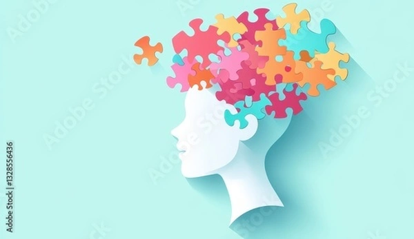 Fototapeta Silhouette of a head with colorful puzzle pieces symbolizing creative and critical thinking.