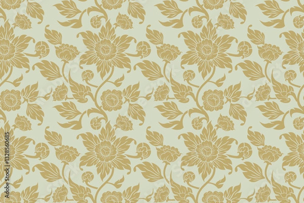 Fototapeta Seamless traditional Thai art floral pattern in damask style motifs suitable for wallpaper, curtain, cloth, textile, tile, blanket and fabric design isolated illustration vector.