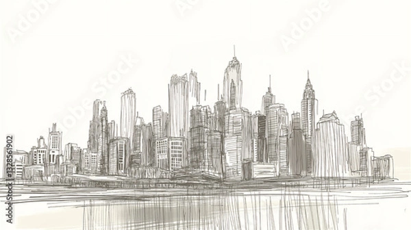 Fototapeta Hand-drawn sketch of city skyline with skyscrapers reflected in water. Urban architectural illustration with line art style creating minimal monochrome design with space for business branding.