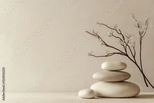 Fototapeta Zen stones stacked on bamboo mat symbolizing balance and peace.