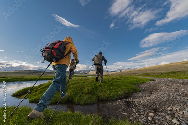Fototapeta Tourists and travelers run through a green meadow next to a river against a backdrop of snowy mountains, carrying backpacks on their shoulders.