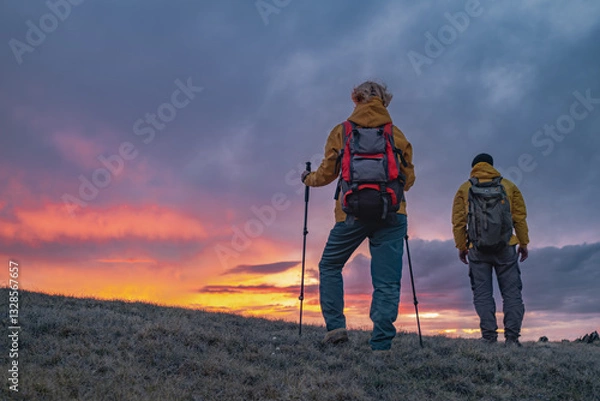 Fototapeta Travelers in bright clothes with backpacks on their backs and trekking poles in their hands stand on the mountain during the fiery sunset, which forms in the golden hour. A golden hour with people on 