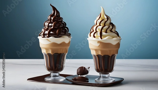 Fototapeta Indulge in the ultimate dessert delight! A rich, creamy vanilla soft-serve swirled to perfection, drizzled with decadent chocolate sauce, and served in a crispy cone cup