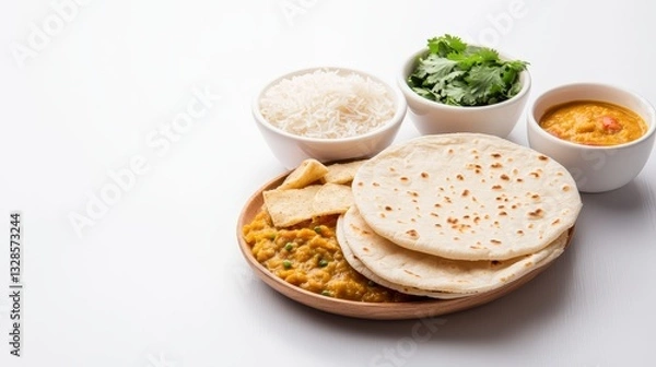 Obraz A delicious indian vegetarian platter featuring rice, dal, sabzi, roti, and papad served on a beautifully arranged plate