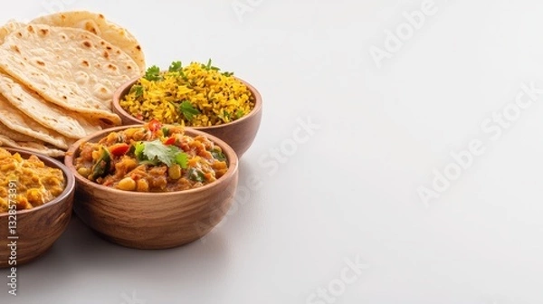 Fototapeta A bowl of delicious indian vegetarian food featuring dal and sabzi alongside rice, roti, and papad for a satisfying meal