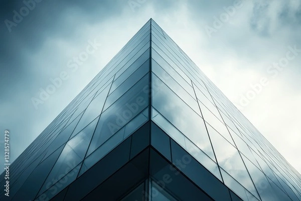 Fototapeta Modern glass building with reflective windows against a moody cloudy sky indicating contemporary architecture.