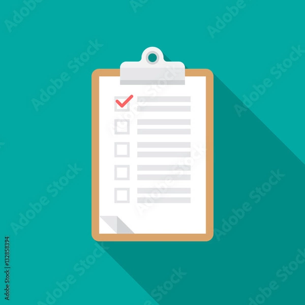 Fototapeta Clipboard icon with long shadow. Flat design style. Checklist clipboard silhouette. Simple icon. Modern flat icon in stylish colors. Web site page and mobile app design element.