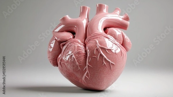 Fototapeta Delicate pink ceramic anatomical heart with polished finish, intricate detailing of coronary vessels and chambers, dramatic lighting emphasizing sculptural qualities, photorealistic 3D visualization