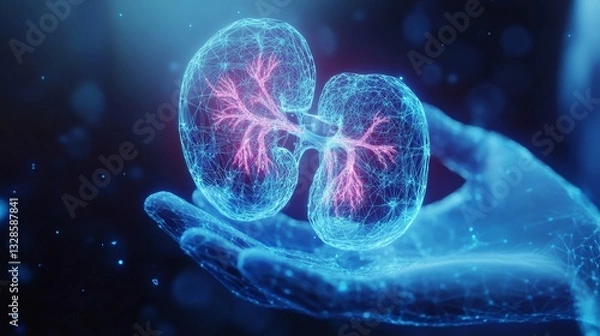 Fototapeta Holographic kidney visualization, glowing geometric anatomy, floating above luminous blue medical glove, ethereal misty background, digital health interface, soft coral organ projection, crystalline