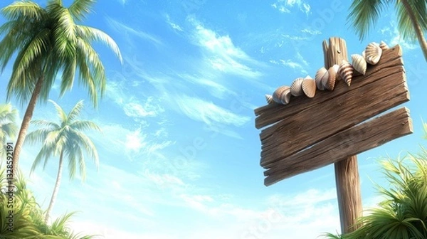 Obraz Tropical beach scene with a weathered wooden sign surrounded by palm trees and seashells