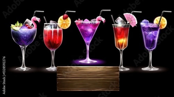 Obraz Vibrant Cocktail Selection with Colorful Garnishes and Fun Accessories on Dark Background