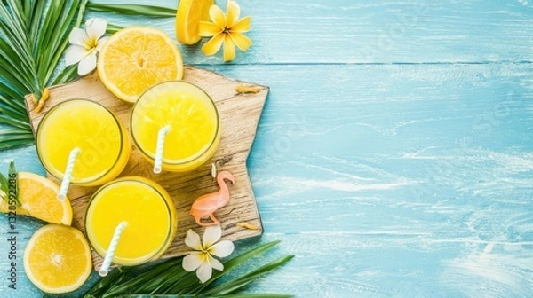 Obraz Refreshing Tropical Citrus Drinks Surrounded by Natural Elements and Vibrant Decorations