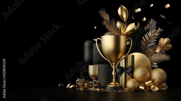 Obraz Elegant Golden Trophy and Decorations on Black Background for Celebration Themes and Events