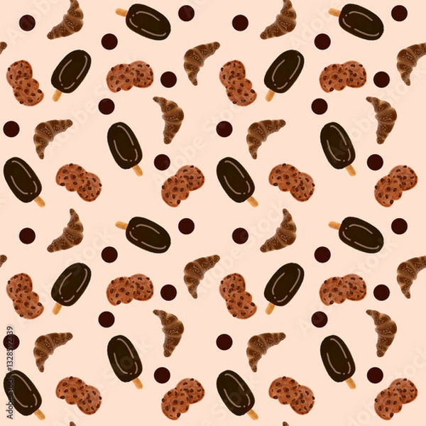 Fototapeta Seamless Pattern of the Croissants, Cookies, and Ice Creams