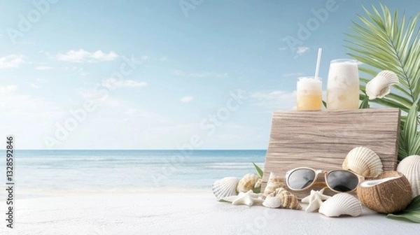 Obraz Refreshing Tropical Drinks on Beach with Shells and Palm Leaves Under Bright Blue Sky
