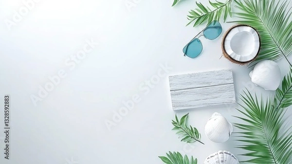 Obraz Tropical Summer Vibes with Sunglasses, Coconut, and Palm Leaves on Light Background