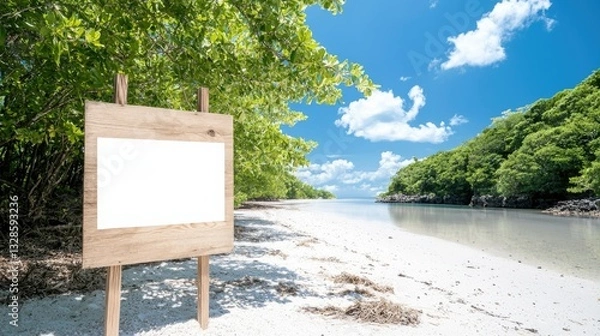 Obraz Blank Wooden Sign on Serene Tropical Beach with Azure Sky and Lush Greenery